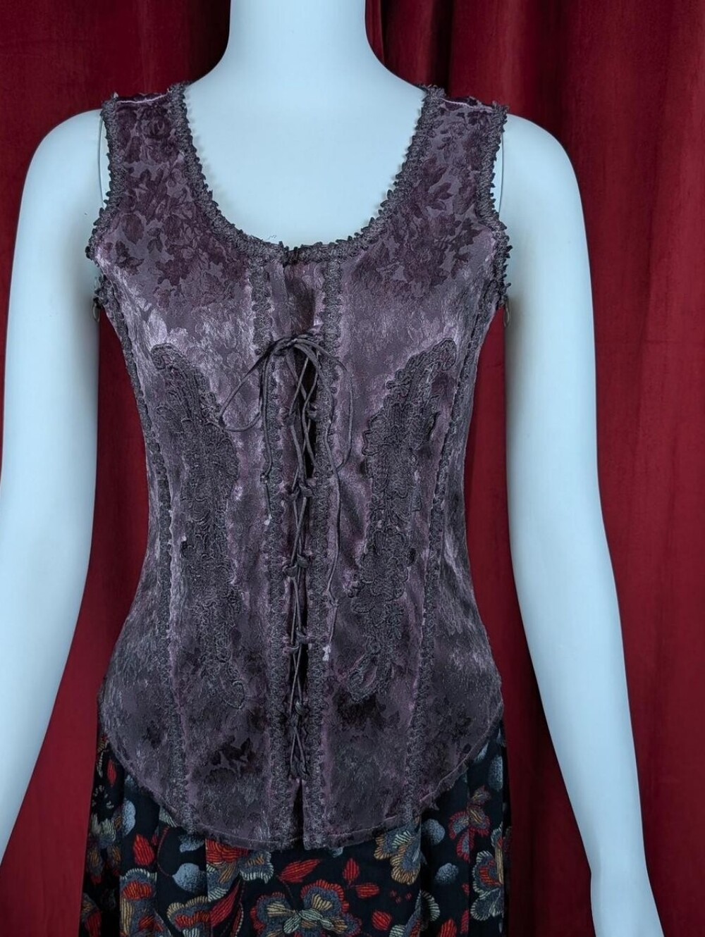 Pat Dahnke Dark Purple Floral Satin Embroidery Lace Up Corset Top